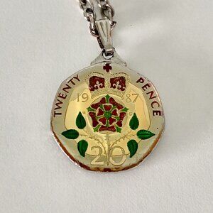 Enamelled England 1987 Twenty Pence Coin Necklace on Silver Chain